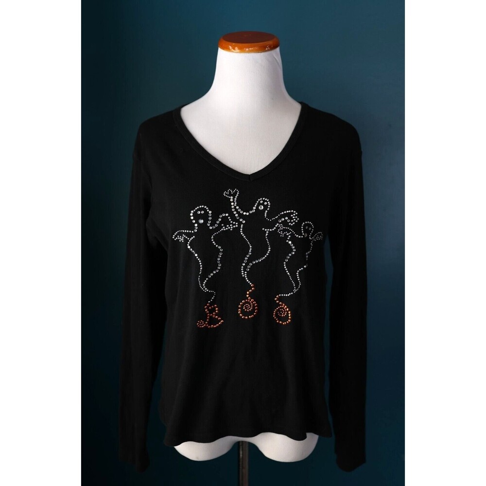 Vintage Fashion Bug Y2K Rhinestone Ghost Boo Spooky Halloween Long Sleeve XL